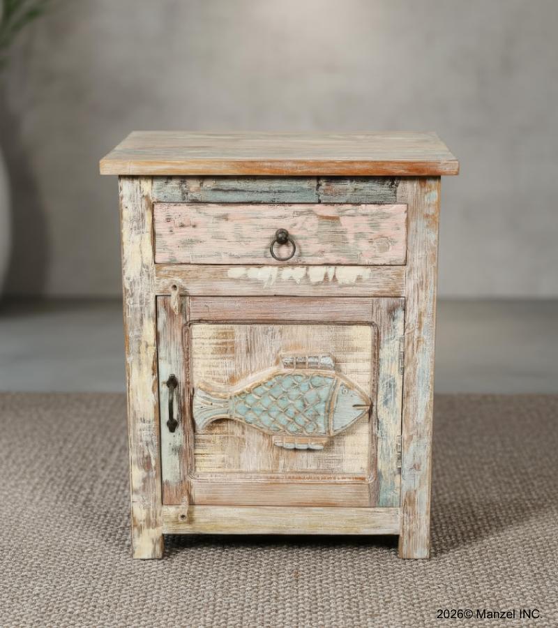 SOLID RECLAIMED TEAK WOOD NIGHTSTAND END TABLE W/ CARVED FISH