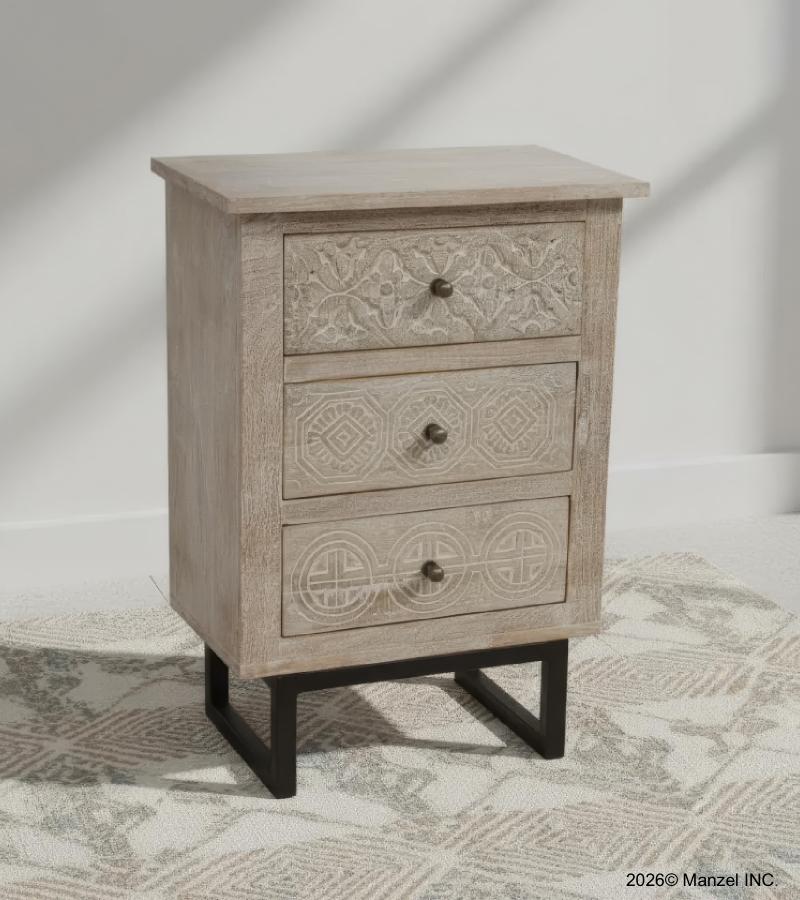 SOLID HAND CARVED WOOD 3 DRAWER NIGHTSTAND / END TABLE
