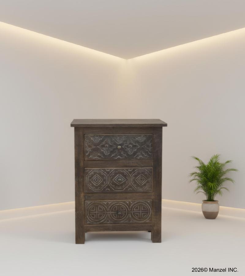 SOLID HAND CARVED WOOD NIGHTSTAND / END TABLE 3 DRAWERS