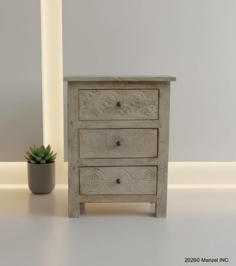 SOLID HAND CARVED WOOD NIGHTSTAND / END TABLE 3 DRAWERS