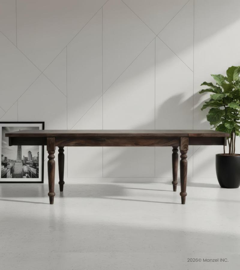 EXTENDABLE SOLID WOOD DINING TABLE W/ SELF-STORING EXTENSIONS