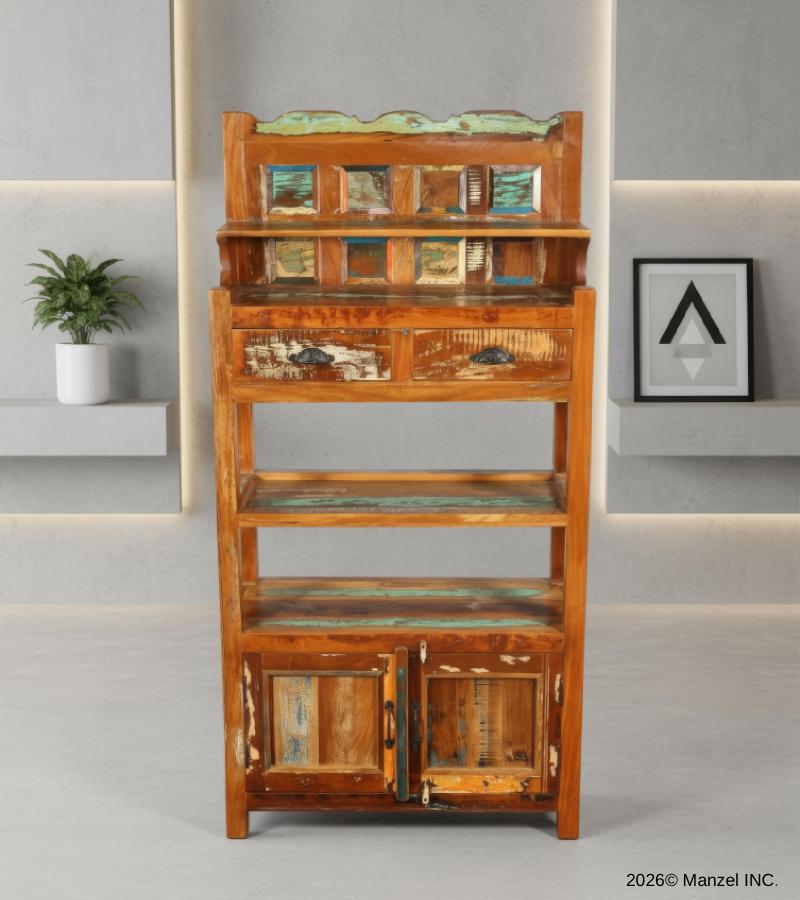 SOLID RECLAIMED TEAK WOOD CABINET WITH DOORS, SHELVES & DISPLAY