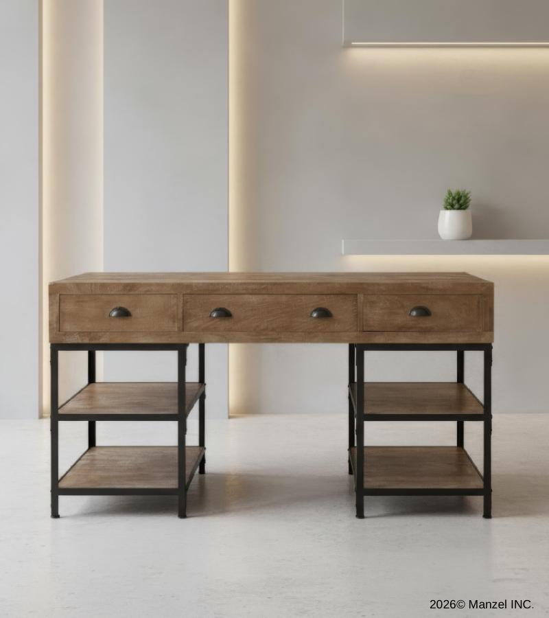 SOLID WOOD & IRON DESK W/ 3 DRAWERS & 4 SHELVES