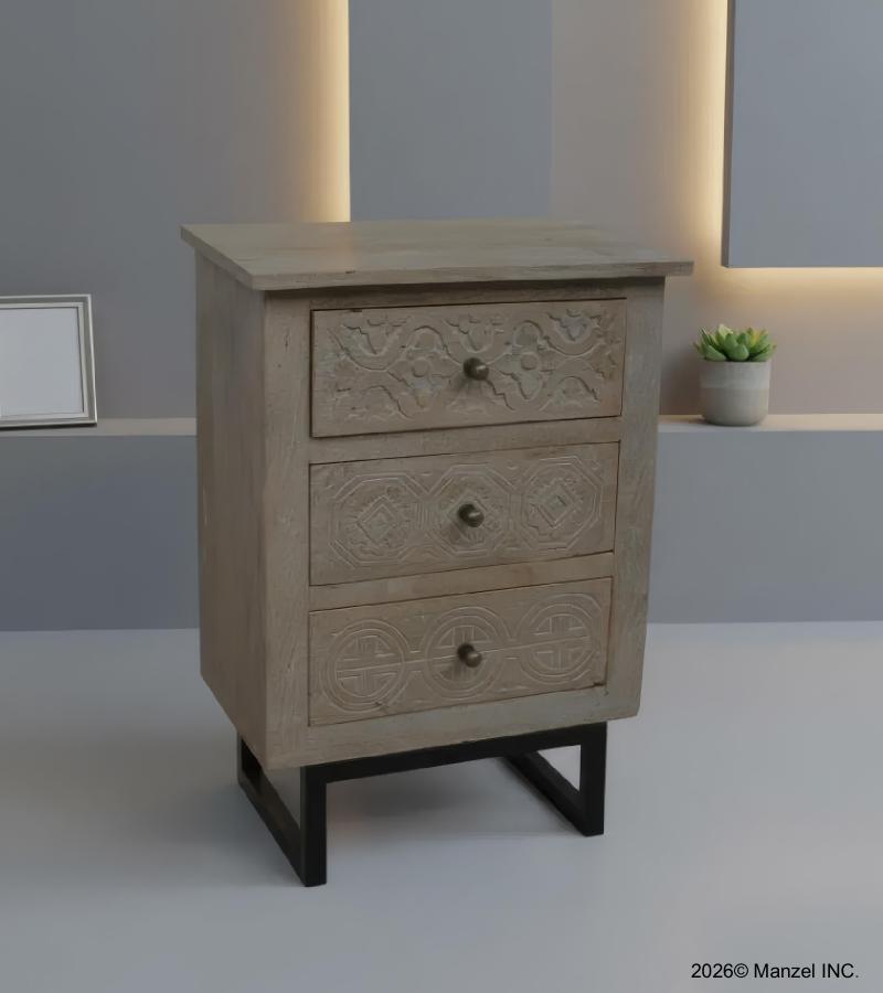 SOLID HAND CARVED WOOD 3 DRAWER NIGHTSTAND / END TABLE