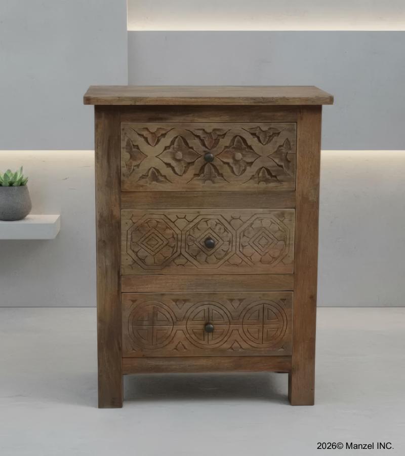 SOLID HAND CARVED WOOD NIGHTSTAND / END TABLE 3 DRAWERS