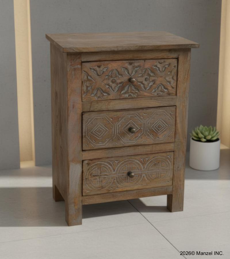SOLID HAND CARVED WOOD NIGHTSTAND / END TABLE 3 DRAWERS