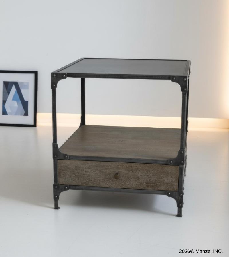 SOLID WOOD & IRON 1 DRAWER END TABLE NIGHTSTAND