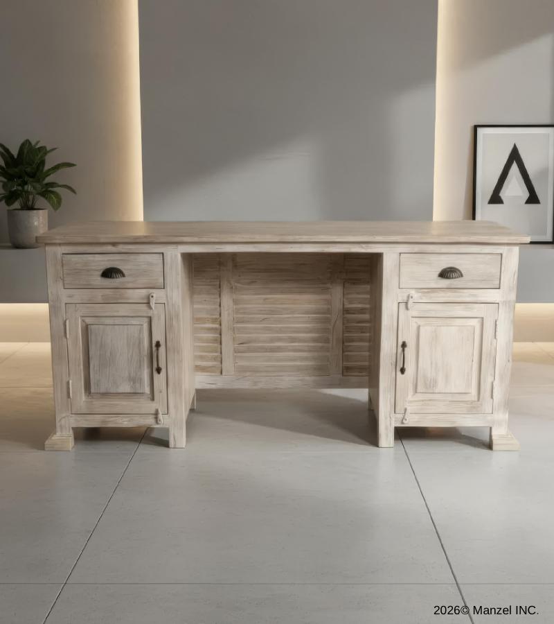 SOLID RECLAIMED TEAK WOOD DESK W/ 2 DRAWERS & 2 DOORS