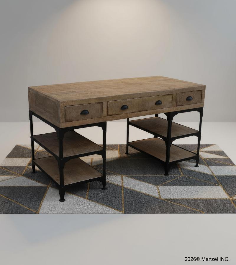 SOLID WOOD & IRON DESK W/ 3 DRAWERS & 4 SHELVES