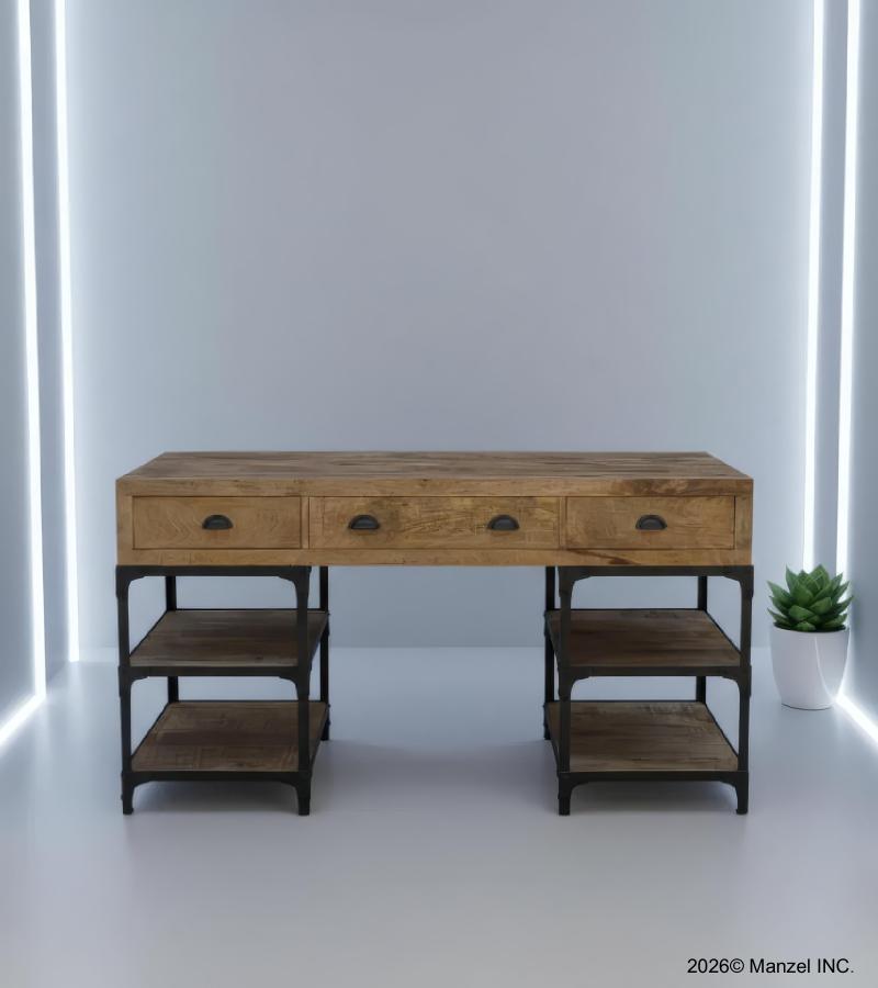 SOLID WOOD & IRON DESK W/ 3 DRAWERS & 4 SHELVES