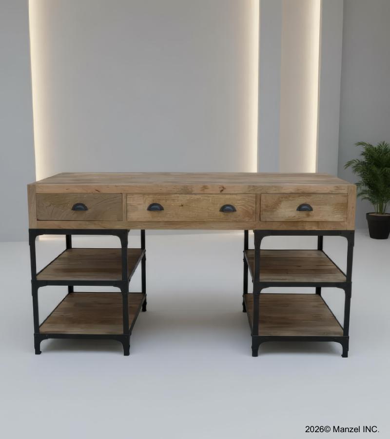 SOLID WOOD & IRON DESK W/ 3 DRAWERS & 4 SHELVES