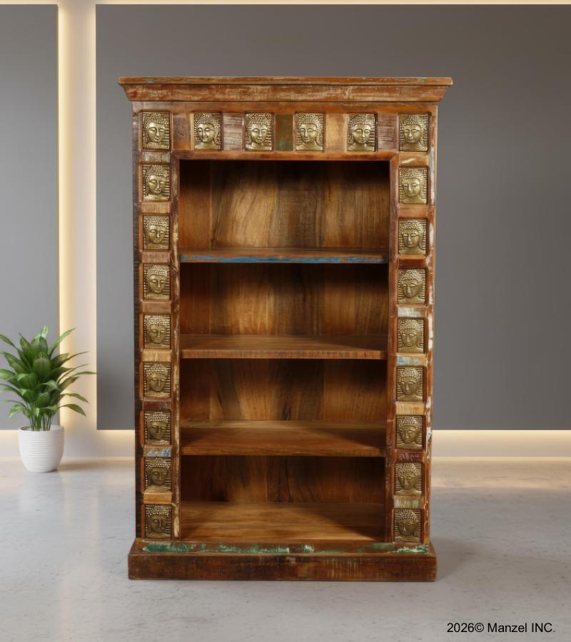 SOLID RECLAIMED TEAK BOOKCASE W/ BRASS FITTED BUDDHA