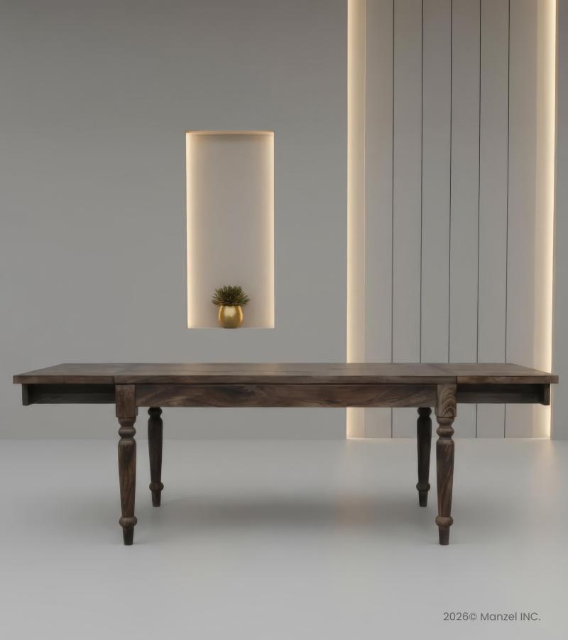 EXTENDABLE SOLID WOOD DINING TABLE W/ SELF-STORING EXTENSIONS
