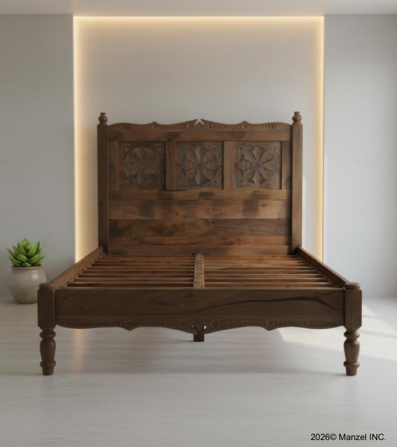 HAND CARVED SOLID WOOD QUEEN BED