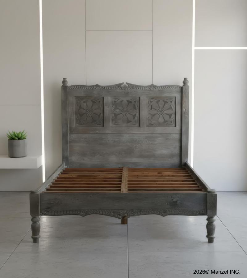 HAND CARVED SOLID WOOD QUEEN BED