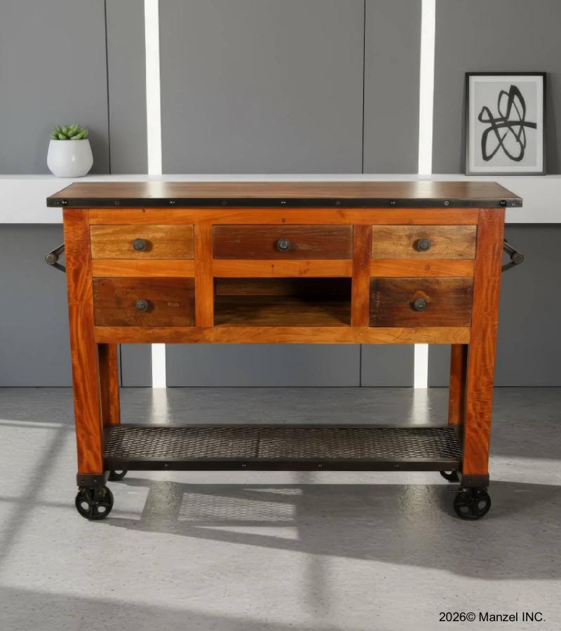 SOLID RECLAIMED TEAK WOOD CONSOLE ISLAND ON CASTERS W/ 5 DRAWERS