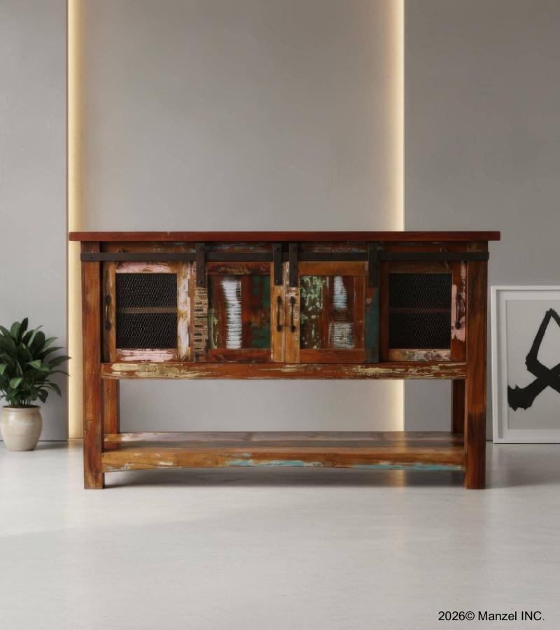 SOLID RECLAIMED TEAK WOOD SIDEBOARD W/ SLIDING DOORS & BOTTOM SHELF