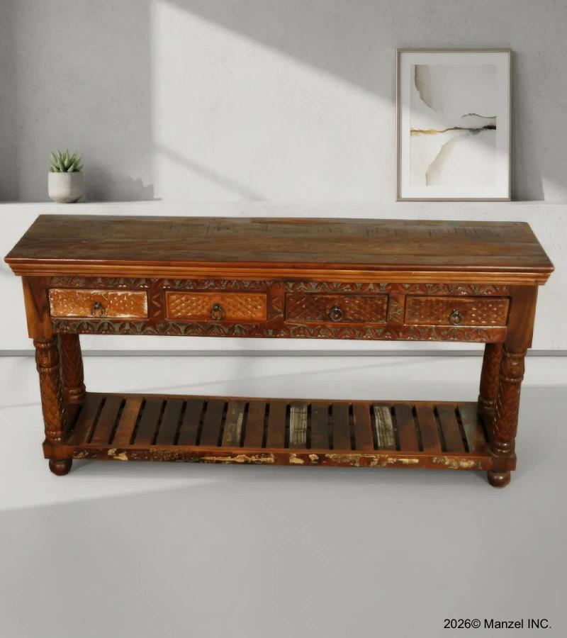 SOLID RECLAIMED HAND CARVED TEAK WOOD CONSOLE SIDEBOARD W/ 4 DRAWERS