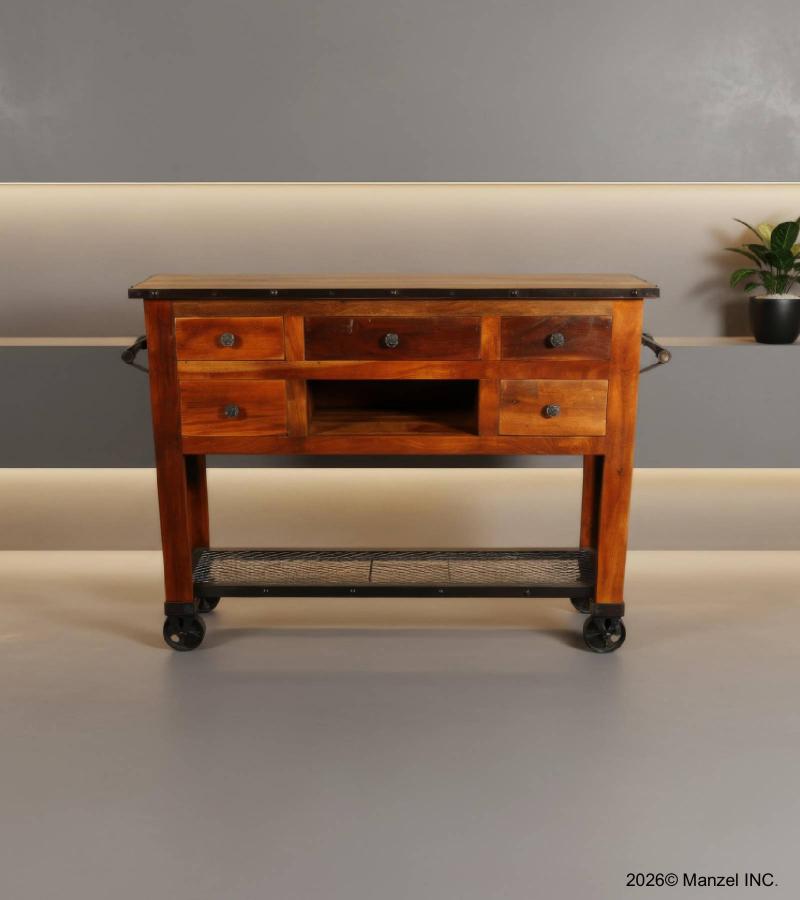 SOLID RECLAIMED TEAK WOOD SIDEBOARD ISLAND W/ 5 DRAWERS & CASTERS