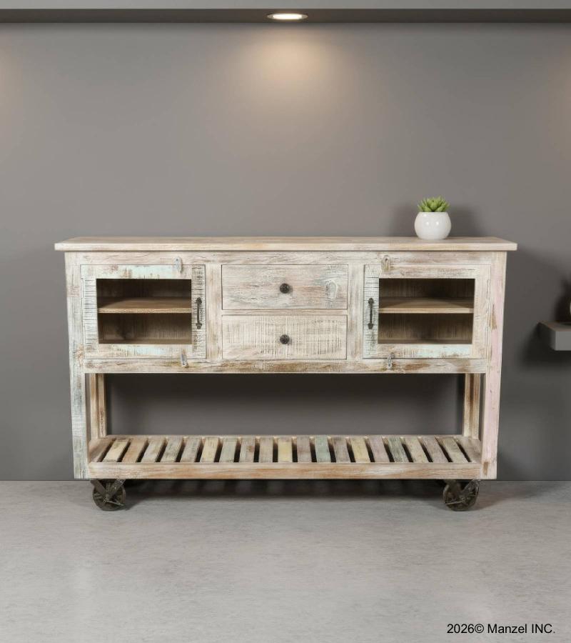 SOLID RECLAIMED TEAK WOOD SIDEBOARD W/  2 DRAWERS 2 DOORS & OPEN SHELF