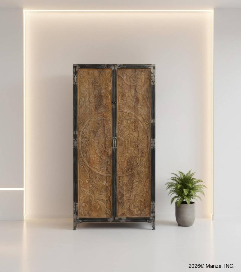 SOLID CARVED WOOD + METAL DOUBLE DOOR CABINET