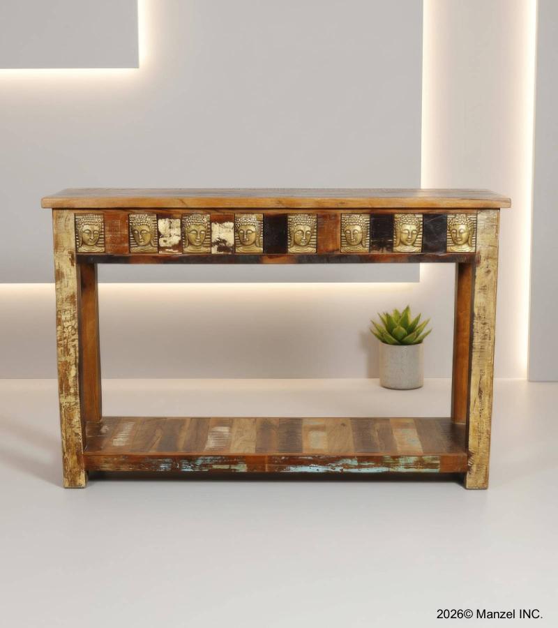 SOLID RECLAIMED TEAKK WOOD W/ BRASS FITTED CONSOLE