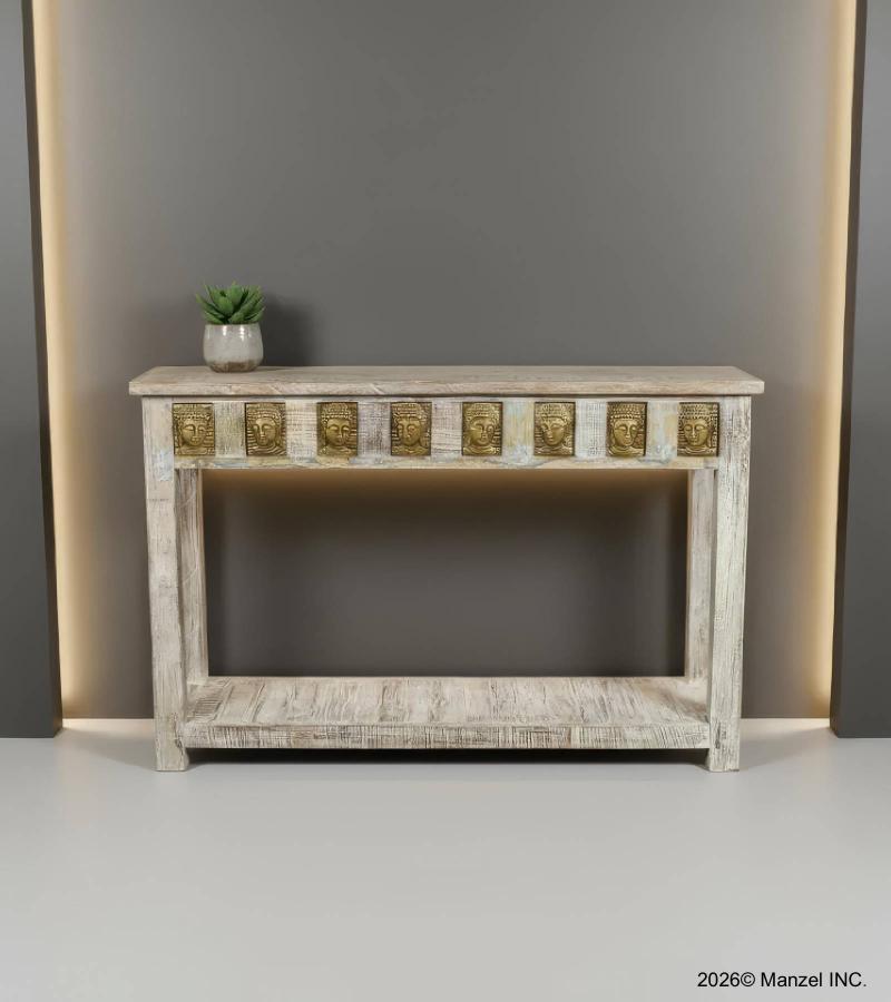 SOLID RECLAIMED TEAK WOOD & BRASS FITTED CONSOLE