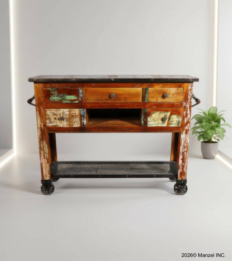SOLID RECLAIMED TEAK WOOD SIDEBOARD ISLAND W/ 5 DRAWERS & CASTERS