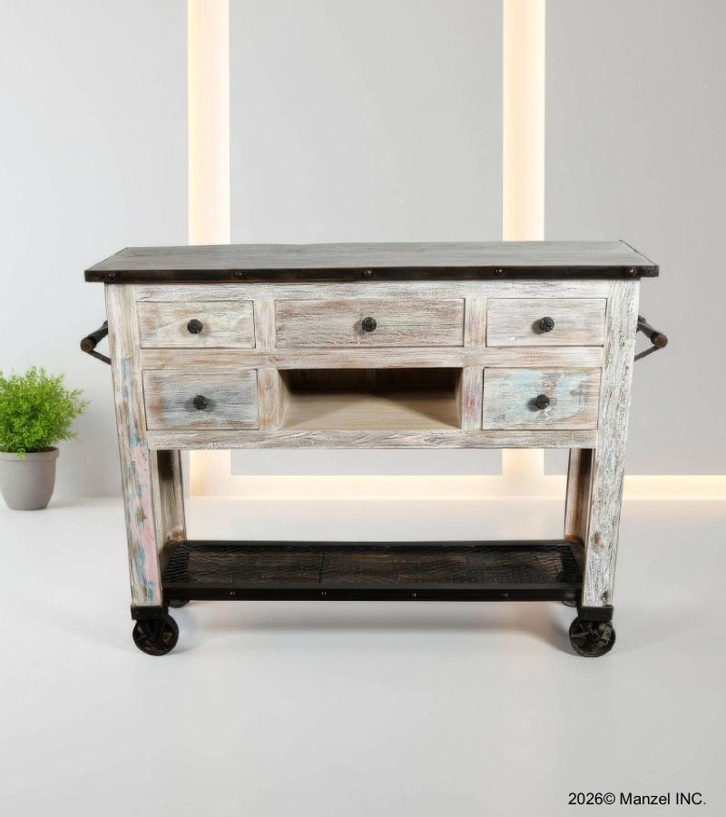 SOLID RECLAIMED TEAK WOOD SIDEBOARD ISLAND W/ 5 DRAWERS & CASTERS