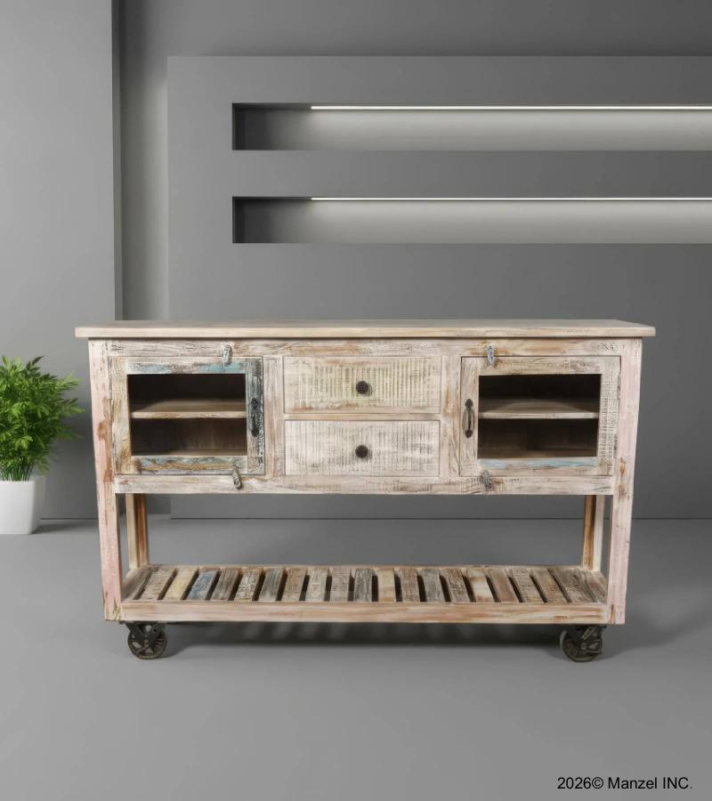 SOLID RECLAIMED TEAK WOOD SIDEBOARD W/  2 DRAWERS 2 DOORS & OPEN SHELF