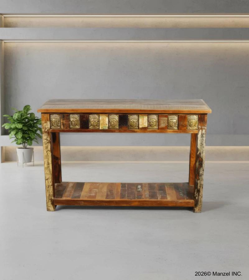 SOLID RECLAIMED TEAK WOOD BRASS FITTED CONSOLE