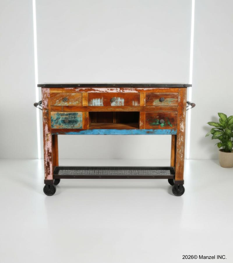 SOLID RECLAIMED TEAK WOOD SIDEBOARD ISLAND W/ 5 DRAWERS & CASTERS
