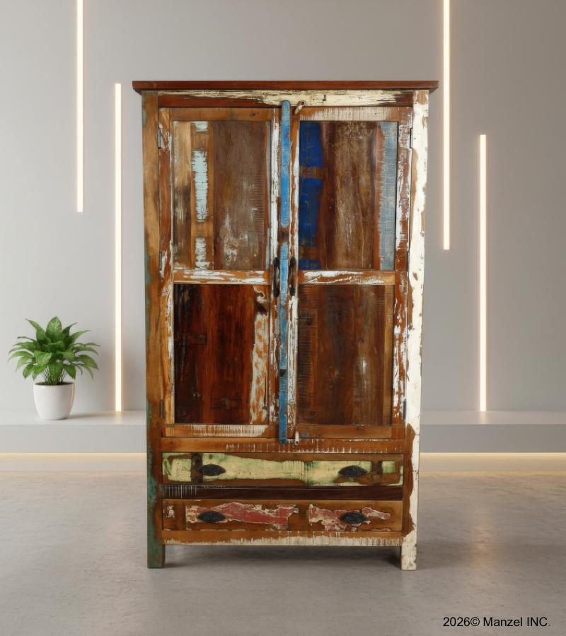 2 DOOR SOLID RECLAIMED TEAK WOOD CABINET W/ 2 DRAWERS