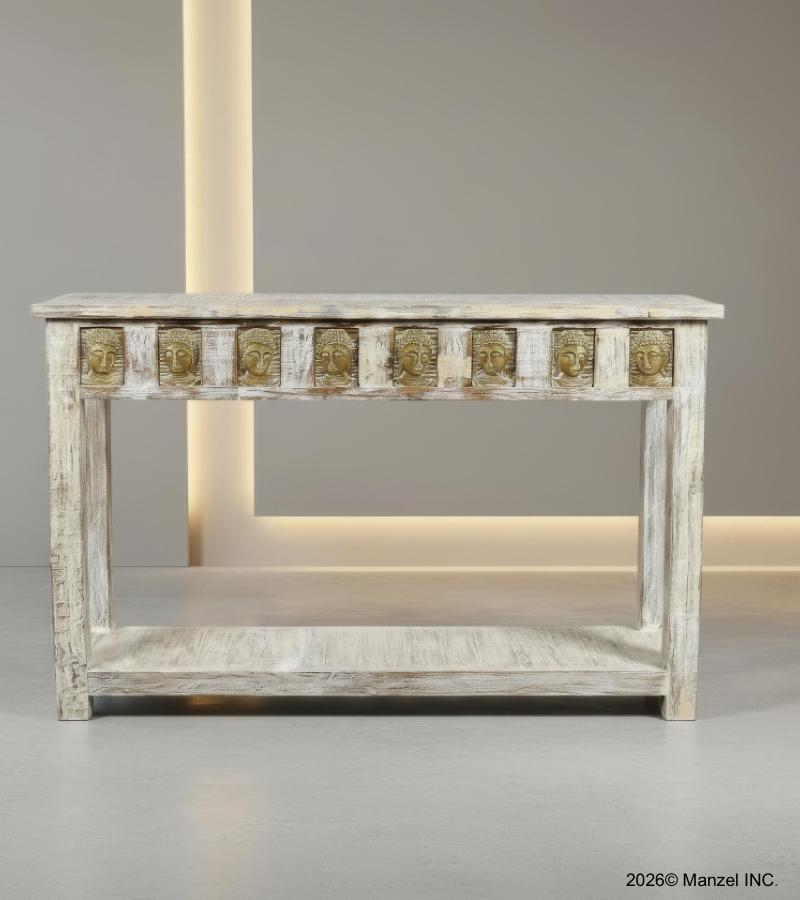 SOLID RECLAIMED TEAK WOOD & BRASS FITTED CONSOLE