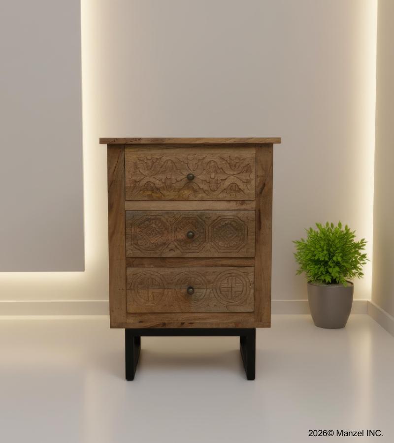 SOLID HAND CARVED WOOD 3 DRAWER NIGHTSTAND / END TABLE