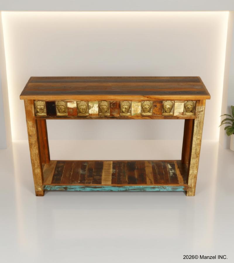 SOLID RECLAIMED TEAK WOOD CONSOLE TABLE W/ BRASS CASTINGS