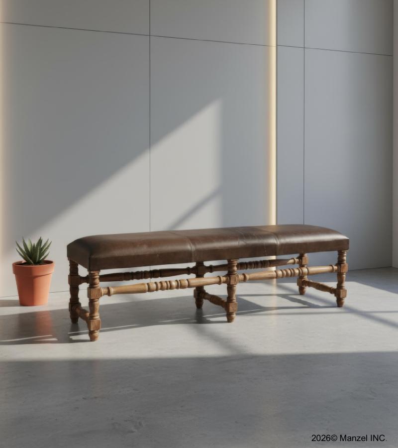 SOLID WOOD & UPHOLSTERED LEATHER BENCH