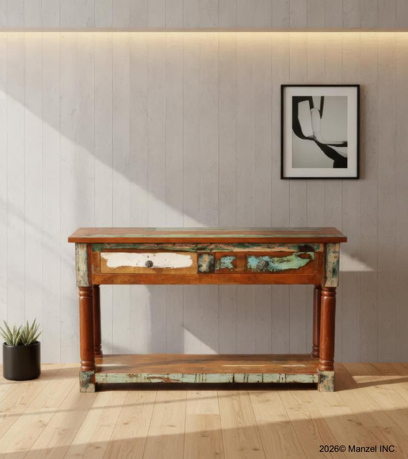 SOLID RECLAIMED TEAK WOOD  2 DRAWER CONSOLE TABLE