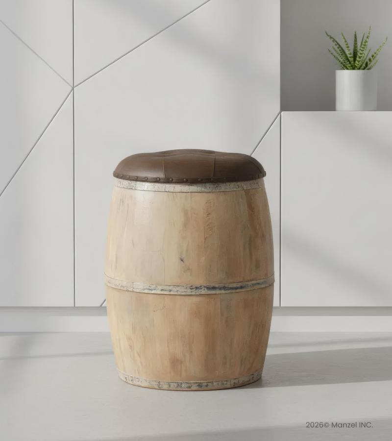 SOLID WOOD BARREL STORAGE STOOL W/ UPHOLSTERED LEATHER COVER