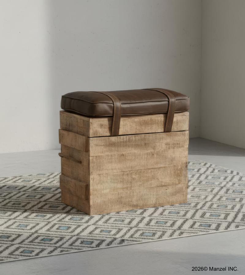 SOLID WOOD & LEATHER STOOL 