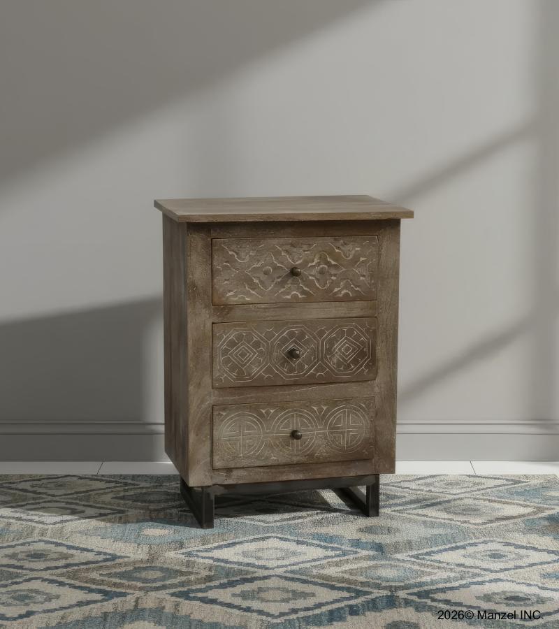 SOLID HAND CARVED WOOD 3 DRAWER NIGHTSTAND / END TABLE