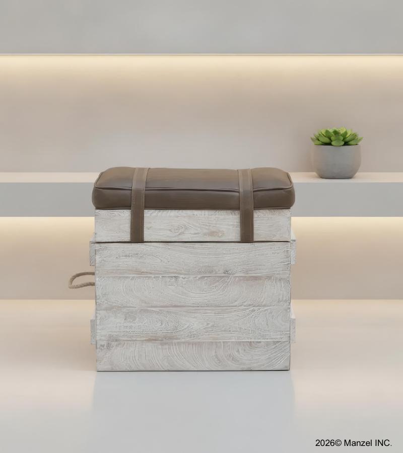 SOLID WOOD & LEATHER STOOL 