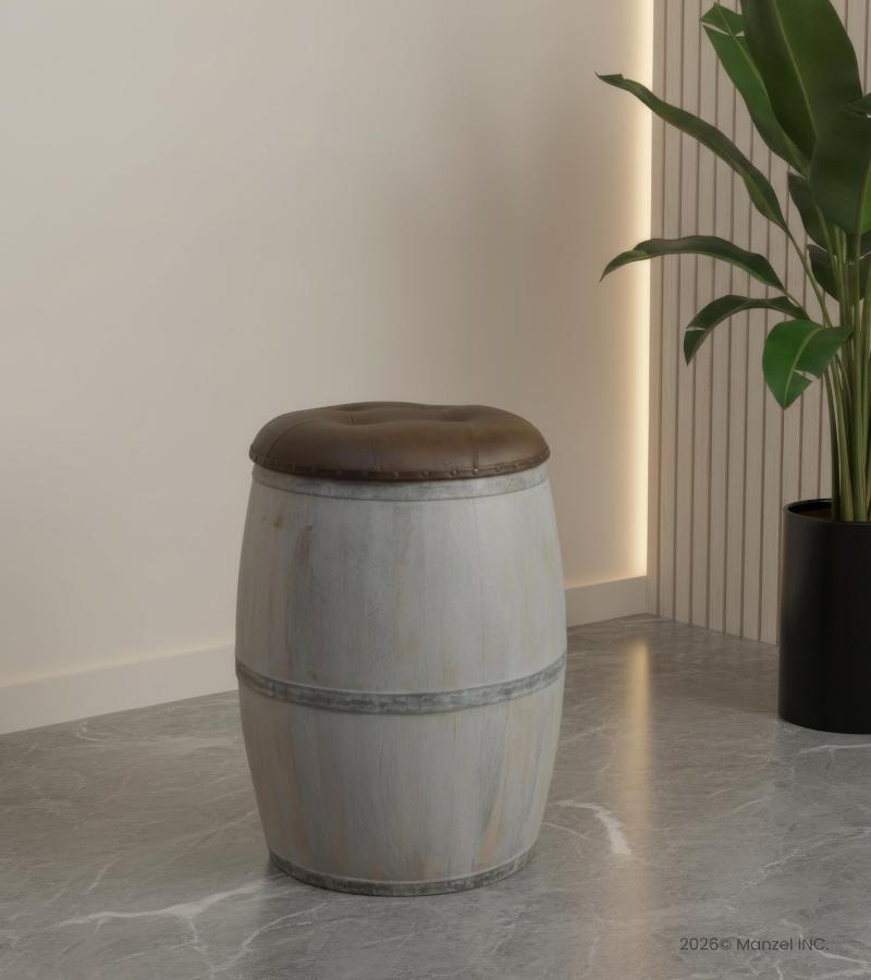 SOLID WOOD BARREL STORAGE STOOL W/ UPHOLSTERED LEATHER COVER