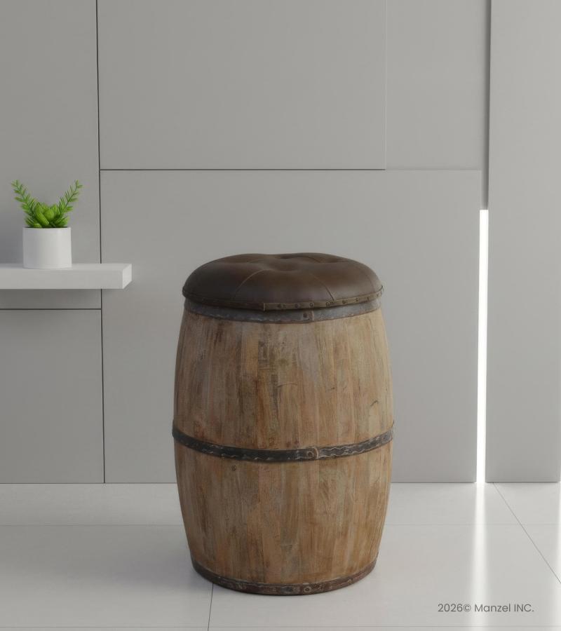 SOLID WOOD BARREL STORAGE STOOL W/ UPHOLSTERED LEATHER COVER