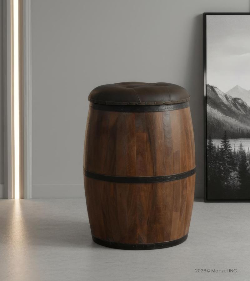 SOLID WOOD BARREL STORAGE STOOL W/ UPHOLSTERED LEATHER COVER
