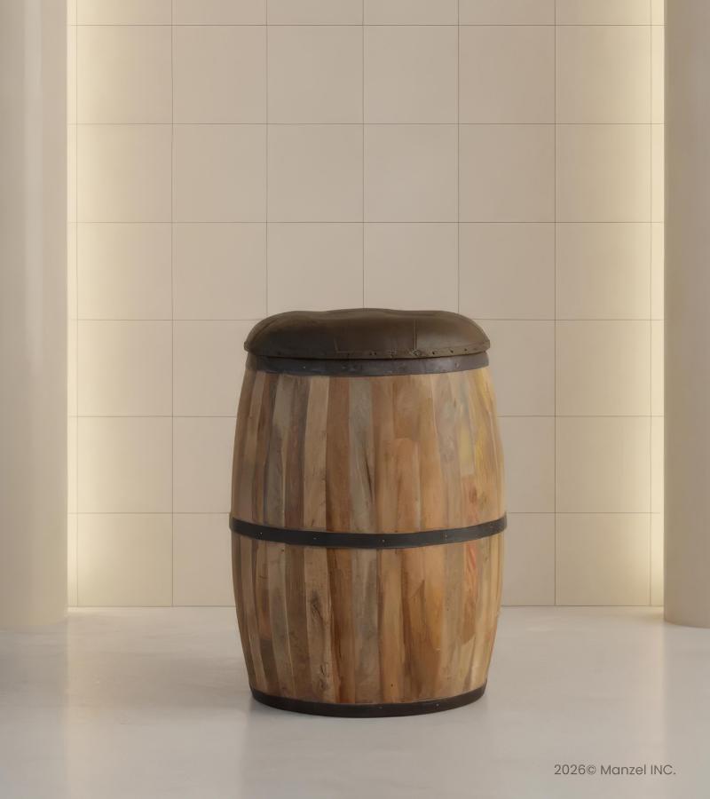 SOLID WOOD BARREL STORAGE STOOL W/ UPHOLSTERED LEATHER COVER