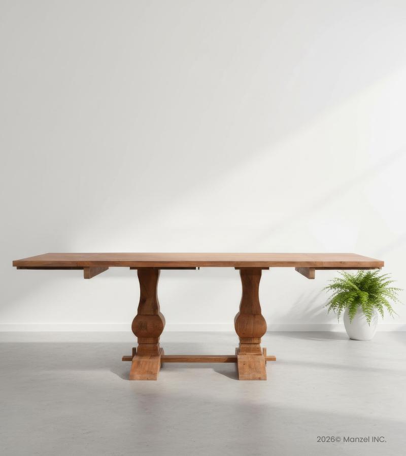 SOLID WOOD PEDESTAL EXTENSION DINING TABLE