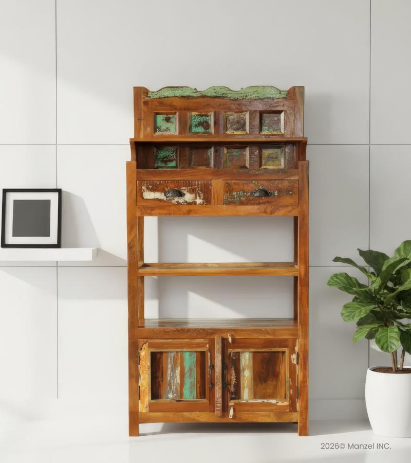 SOLID RECLAIMED TEAK WOOD CABINET WITH DOORS, SHELVES & DISPLAY