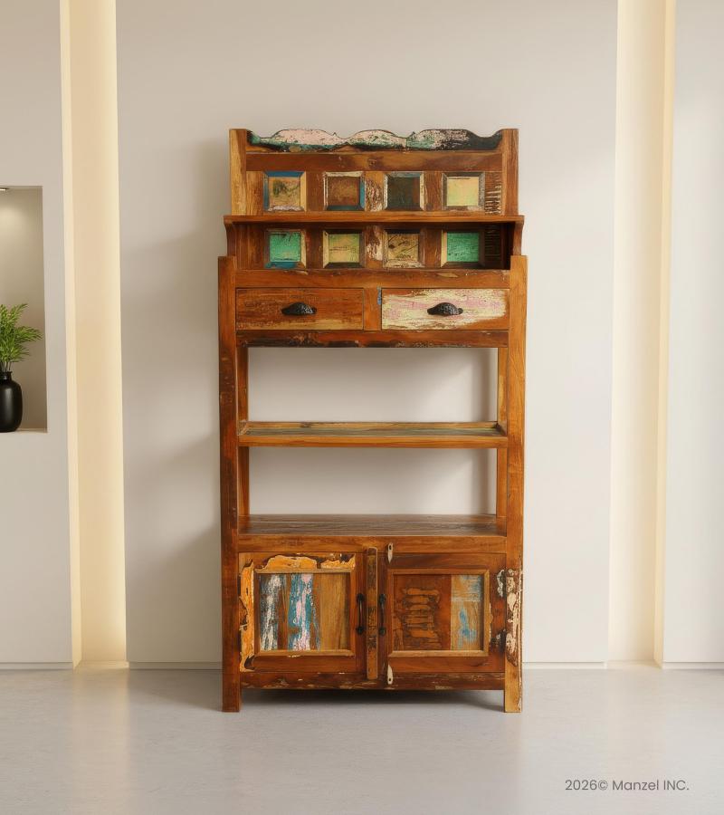 SOLID RECLAIMED TEAK WOOD CABINET WITH DOORS, SHELVES & DISPLAY