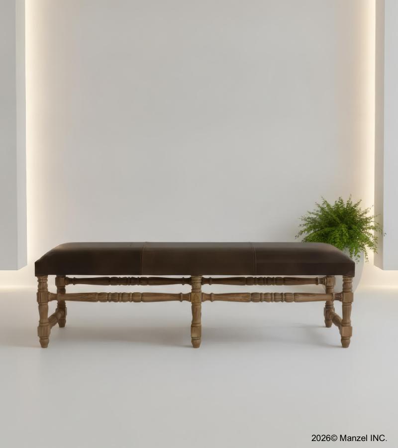 SOLID WOOD & UPHOLSTERED LEATHER BENCH